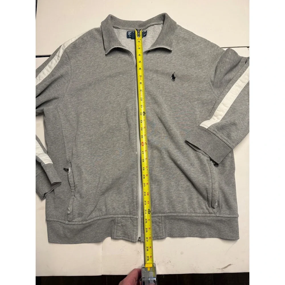 Polo Ralph Lauren Mens XXL Grey Full Zip Track Jacket White Sleeve Stripe Pony